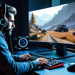 Hardcore gamer playing a visually stunning game at 4K resolution with high frame rates, fully immersed in the realistic graphics due to advanced Ray Tracing and DLSS features. Professional setting with high-end gaming PC, appropriate content, safe for work.