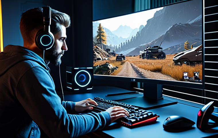 Hardcore gamer playing a visually stunning game at 4K resolution with high frame rates, fully immersed in the realistic graphics due to advanced Ray Tracing and DLSS features. Professional setting with high-end gaming PC, appropriate content, safe for work.