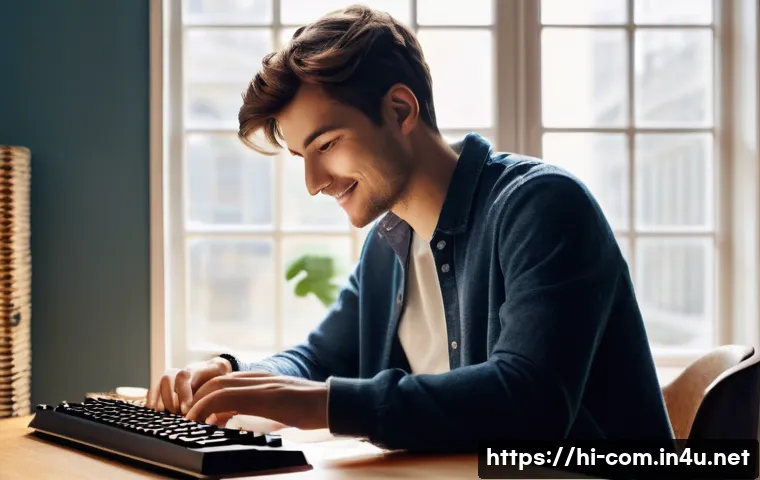 키보드 스위치 종류와 특징 - **Prompt for "Clicky Switches: The Joyful Typewriter Experience"**
    A young adult, male or female...