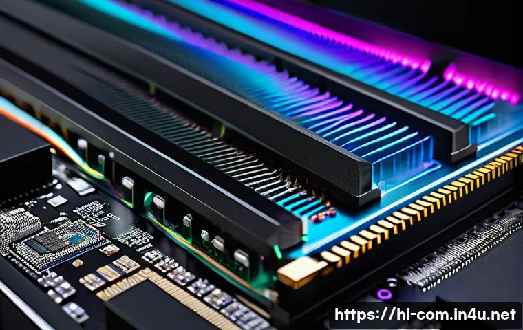 메모리 오버클럭 가이드 - A detailed close-up of a modern computer motherboard focusing on DDR4 RAM sticks with visible labels...