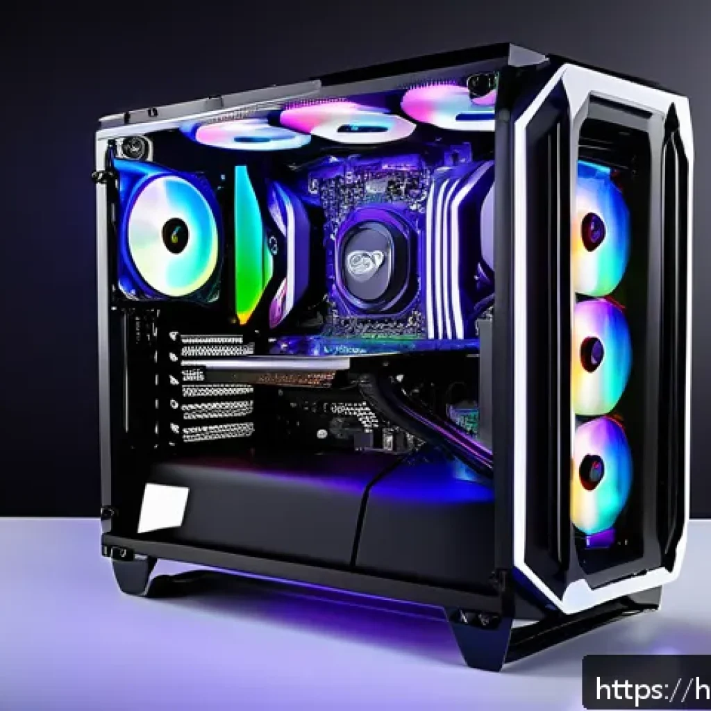 오픈 프레임 PC 케이스의 장단점 - A sleek, modern open-frame PC case showcasing vibrant RGB lighting and a custom water cooling system...