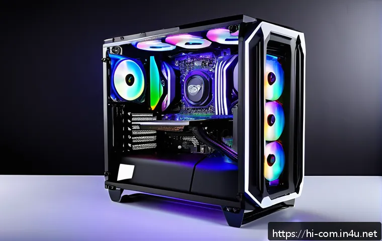 오픈 프레임 PC 케이스의 장단점 - A sleek, modern open-frame PC case showcasing vibrant RGB lighting and a custom water cooling system...