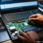 Home 19 노트북과 데스크톱의 유지비 비교 - A detailed and realistic image of a modern laptop being carefully repaired by a technician in a clea...