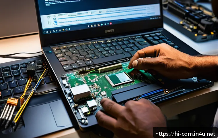 노트북과 데스크톱의 유지비 비교 - A detailed and realistic image of a modern laptop being carefully repaired by a technician in a clea...