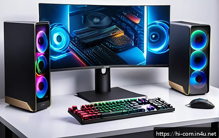 프로세서와 그래픽카드의 밸런스 맞추기 - A detailed, modern computer setup showcasing a balanced gaming rig with a Ryzen 5 5600X processor an...