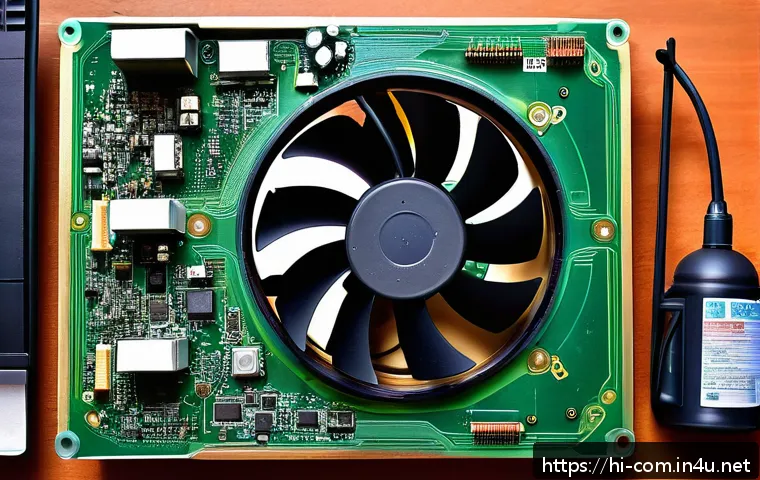 컴퓨터 부품 청소 팁 - A detailed close-up of a computer's internal components showing accumulated dust on the cooling fan ...